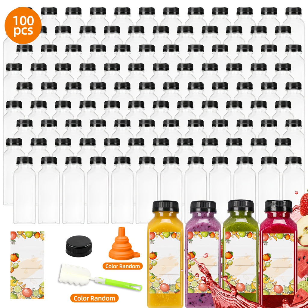 20pcs/36pcs/56pcs/100pcs Juice Bottles, 12/16oz Plastic Bottles With Lids, Reusable Clear Containers For Juice, Smoothies, Cola, Water And Other Beverages, Summer. Funnel & Brush (Color Random).