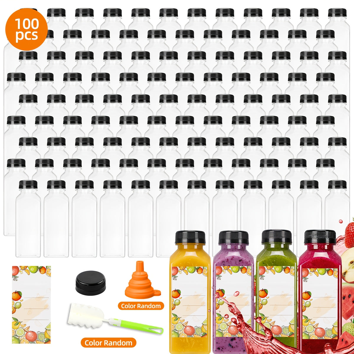 20pcs/36pcs/56pcs/100pcs Juice Bottles, 12/16oz Plastic Bottles With Lids, Reusable Clear Containers For Juice, Smoothies, Cola, Water And Other Beverages, Summer. Funnel & Brush (Color Random).