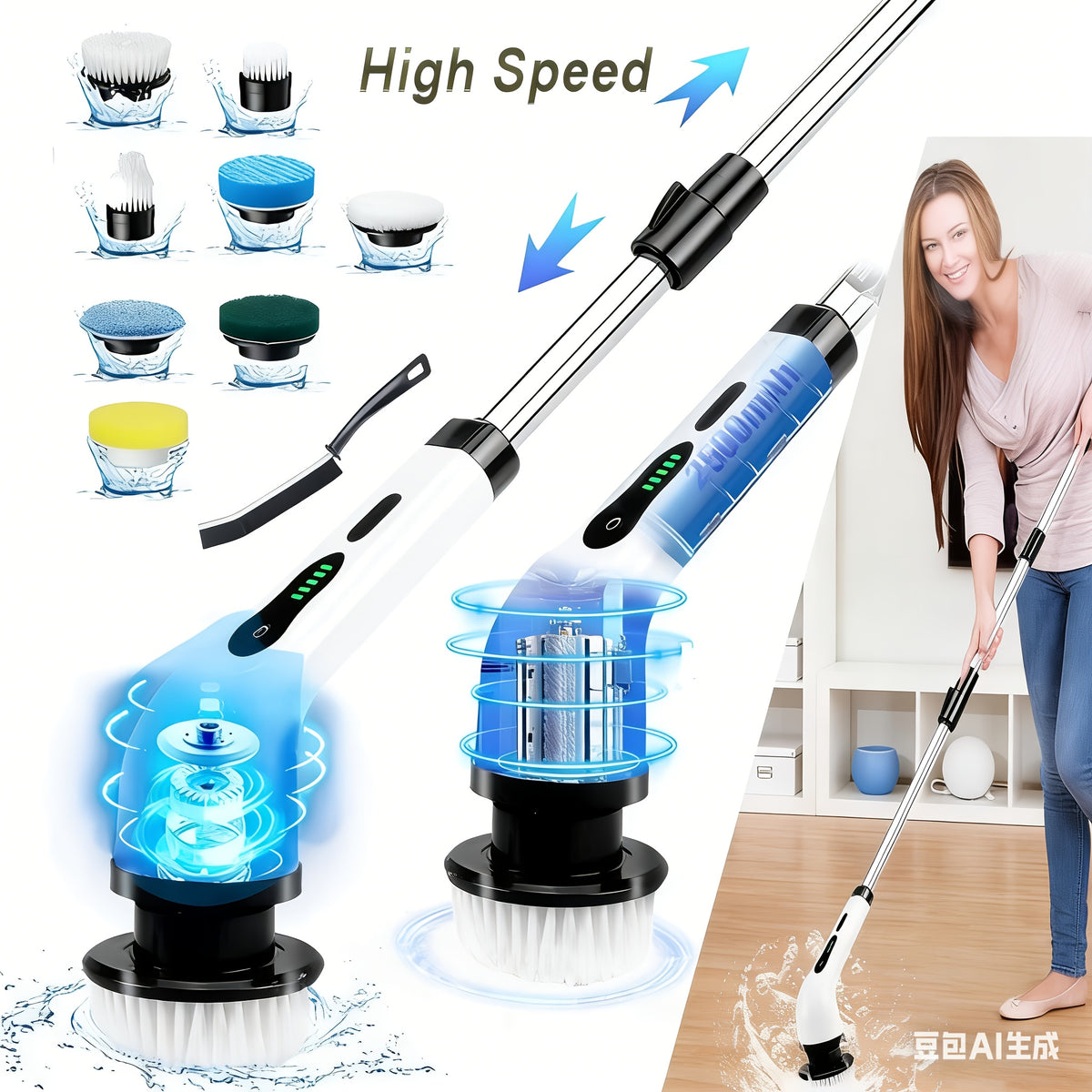 2026 Electric Rotating Cleaning Brush, USB Charging, Shower Brushes with 9 Brush Heads, Dual Speed Adjustment, Retractable Handle, Suitable for Bathtubs, Tiles, Floors, Cars, Christmas Gifts, Cleaning Tools, Household Essentials, Household Cleaners