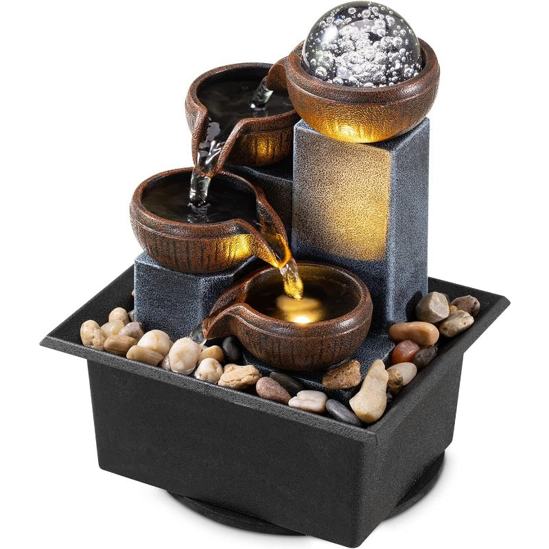 New Desktop Fountain, 4-Level Desktop Waterfall, Meditation Fountain, Indoor Fountain, Office And Home Relaxation, Desktop Fountain Pool, LED Lights, Fixed Decorative Bubble Balls (With Natural River Stone Decoration Included)