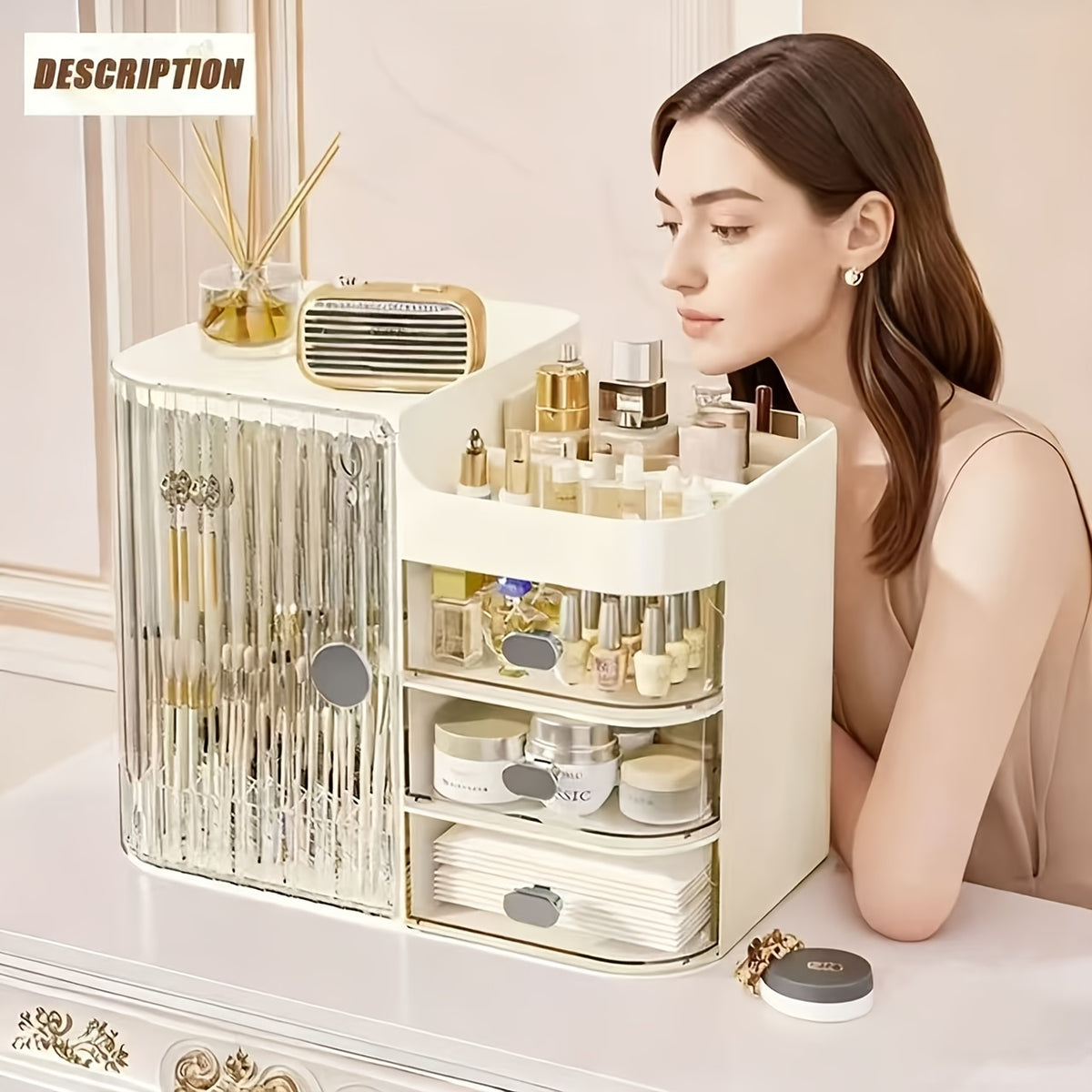 Makeup Storage Box And Beige Care Product Storage Box, A High-capacity Cosmetic Storage Solution. Cosmetic Storage Cabinet with 3 Drawers And Mirrors, Colored Contact Lenses Display Case Bathroom Vanity Organizer, for Home And Bathroom Storage