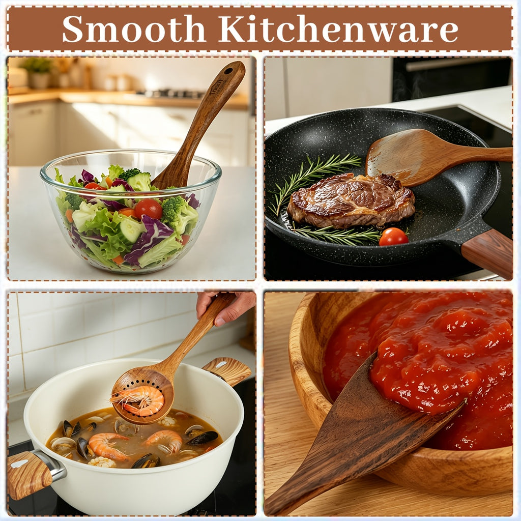 3/5/7Pcs Premium Wooden Kitchen Utensils Kit -Ergonomic Handles Natural Wooden Spoons Spurtle Ladle and Wok Spatulas Heavy-Duty Wooden Utility Set for Non-Stick Pans Heat Resistant Easy to Clean and Durable Kitchen Essentials Cookware Accessories