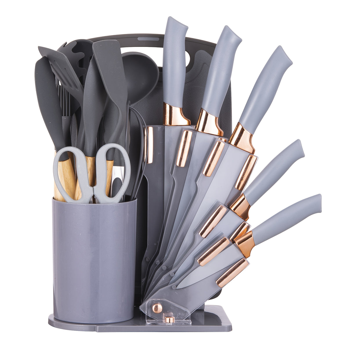 19pcs Kitchen Knife And Utensil Set, Non-Stick Black Knife Set with Wooden Handles, Silicone Cooking Tools, Cutting Board, Scissors And Holder, Best Gift for Parents