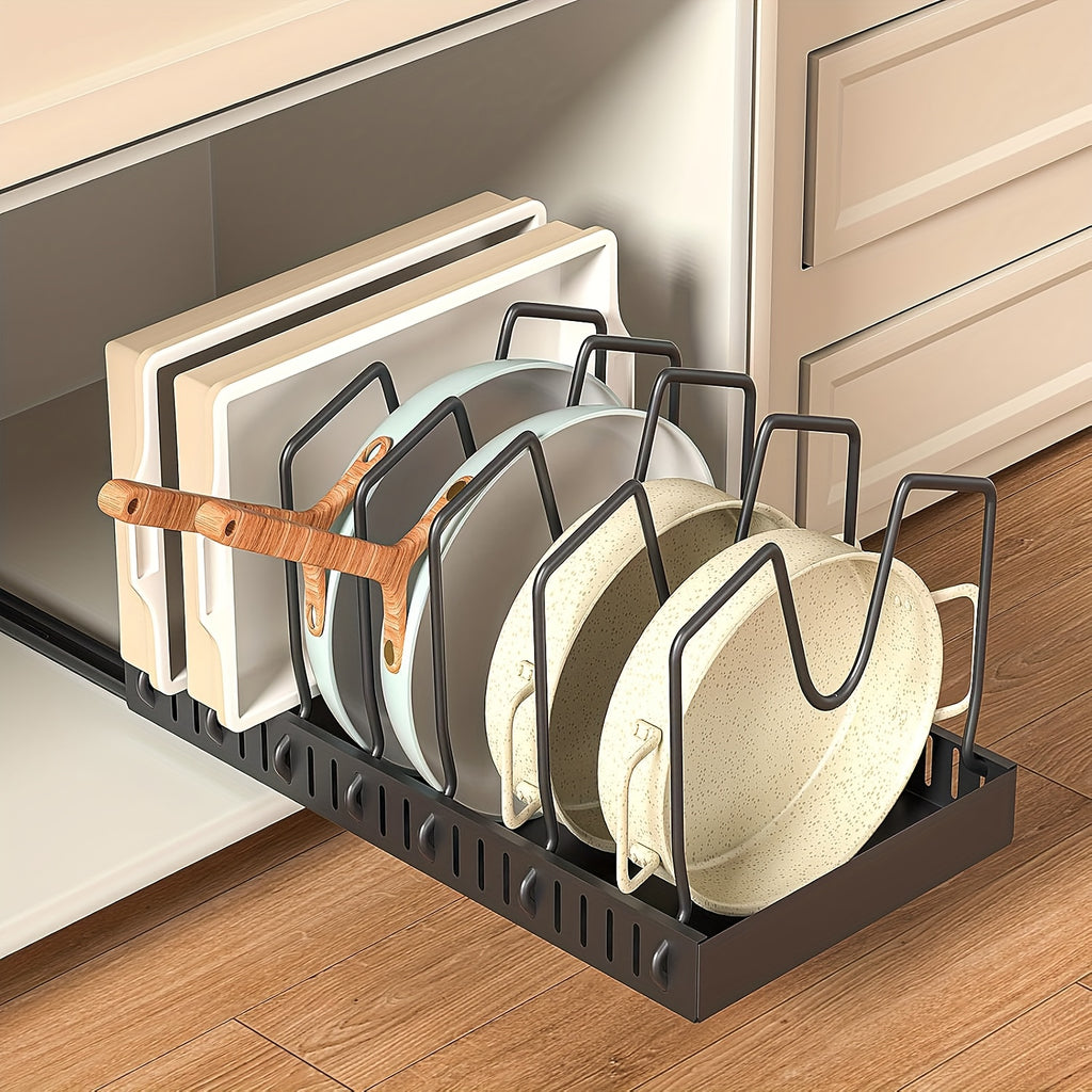 Slide-Out Cookware Organizer, Metal Cabinet Rack with Adjustable Dividers for Pots, Pan Lids, Baking Trays and Plates in Black, White or Gray, 1 or 2 Pieces