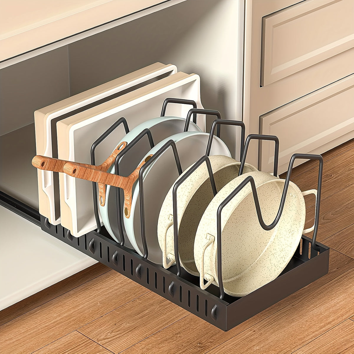 1/2pcs Pull-Out Pot And Pan Storage Box for Cabinets, Kitchen Sliding Lid Rack And Pan Holder, Cabinet Sliding Storage Box for Storing Lids, Baking Tools, And Plates, 8/16 Adjustable Dividers, Kitchen Decor And Additions Pots And Pans Organizer