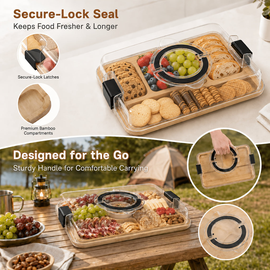 Cutting Board Charcuterie Tray with Clear Lid, 5-Compartment Bamboo Serving Board with Handle And Side Locks, Reusable Snack Platter for Cheese, Fruit, Crackers, Appetizers, Party, Picnic, Kitchen, Holiday Gathering