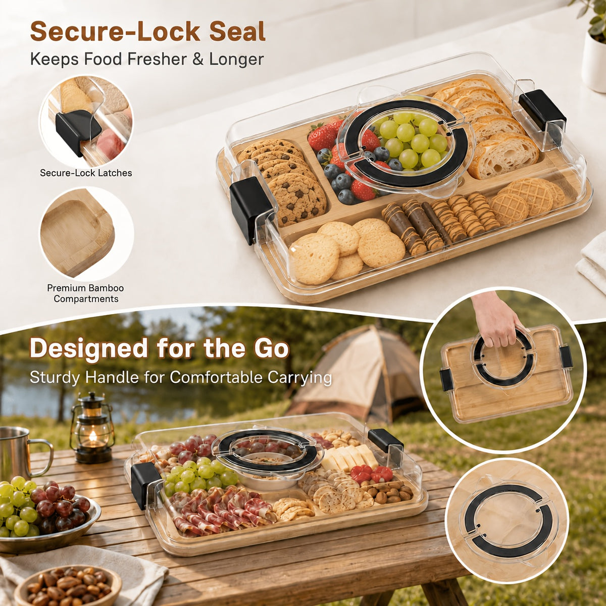 Cutting Board Charcuterie Tray with Clear Lid, 5-Compartment Bamboo Serving Board with Handle And Side Locks, Reusable Snack Platter for Cheese, Fruit, Crackers, Appetizers, Party, Picnic, Kitchen, Holiday Gathering