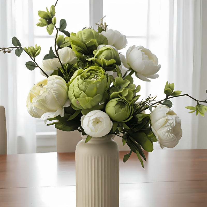 Rustic Faux Peony Bouquet, One Bunch of Beige and Green Artificial Peonies and Hydrangeas with Brown Stem Accents for Wedding Centerpieces and Home Decor