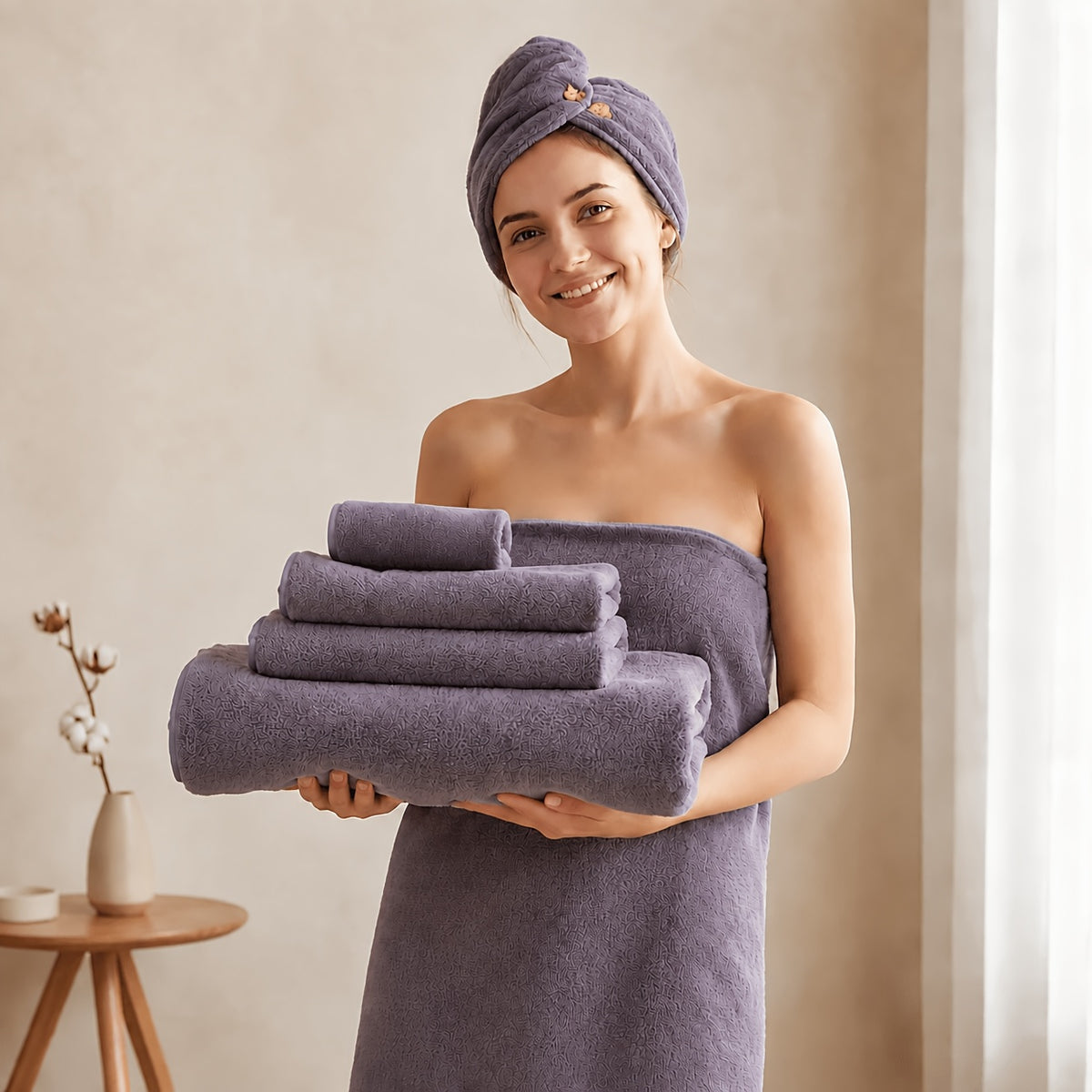 [5pcs Coral Fleece Towels] 5pcs Coral Fleece Bath Towel Set, 4 Soft Absorbent Bath Towels 27" X 55" with Hair Drying Cap, Quick Dry Plush Towels with Hanging Loop for Bathroom, Shower, Home
