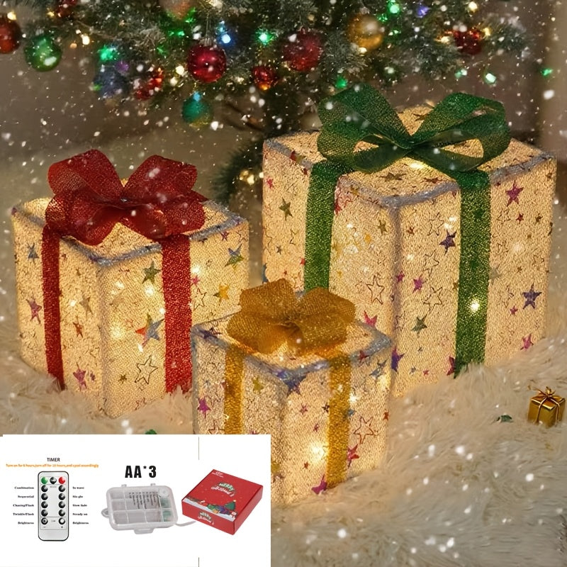 3-Pack 75-LED Christmas Gift Box Light Set - Warm Light Holiday Decoration, Indoor And Outdoor Use, IP66, with Remote Control And Timer, 8 Modes Flashing Gift Boxes, Home Ornament; Christmas Decoration, Outdoor Christmas Lights