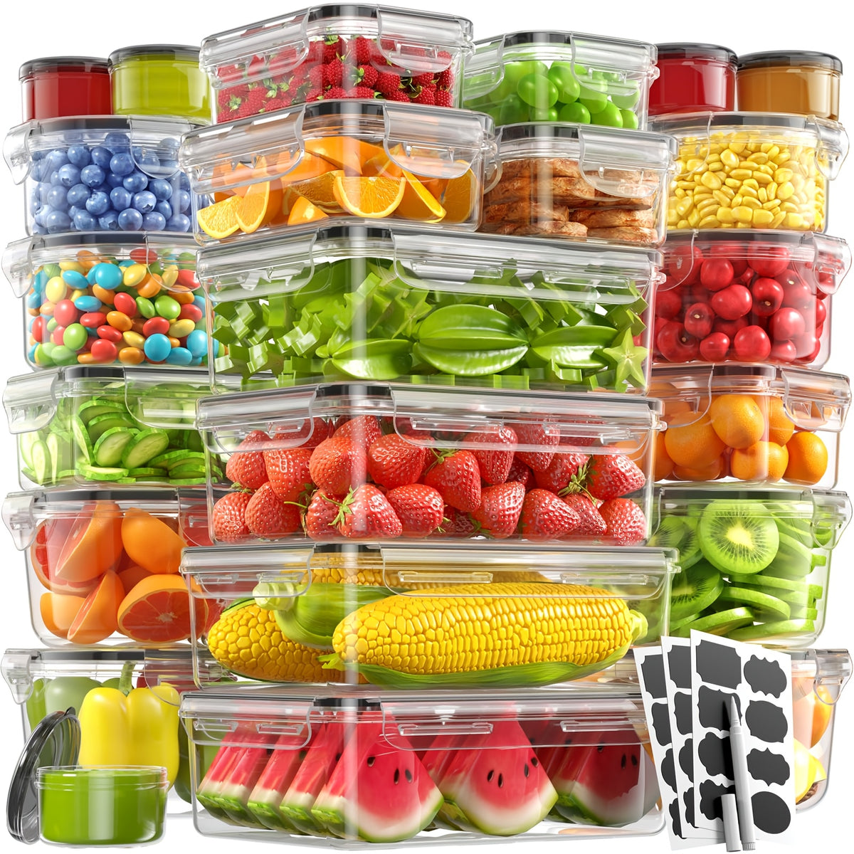 16/28/48pcs Food Storage Container Set, Airtight Containers with Secure Lids (8/14/24 Lids + 8/14/24 Containers) - Sealed Plastic Containers for Pantry, Travel, Outdoor Picnics, Kitchen Organization, Includes Labels And Markers
