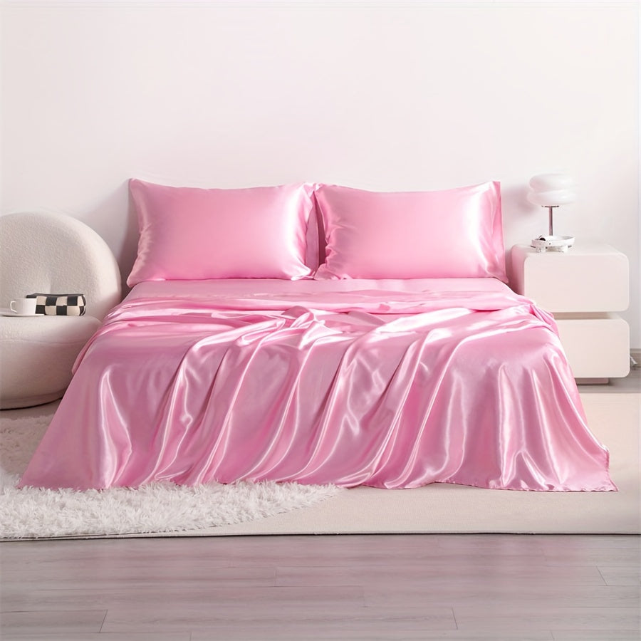 4pcs Cooling Satin Bed Sheet Set, Shrink-Resistant, Fade-Resistant, Hypoallergenic, Breathable,Flat Sheet & Fitted Sheet & Pillowcase Set with Deep Pocket, 300 Gsm