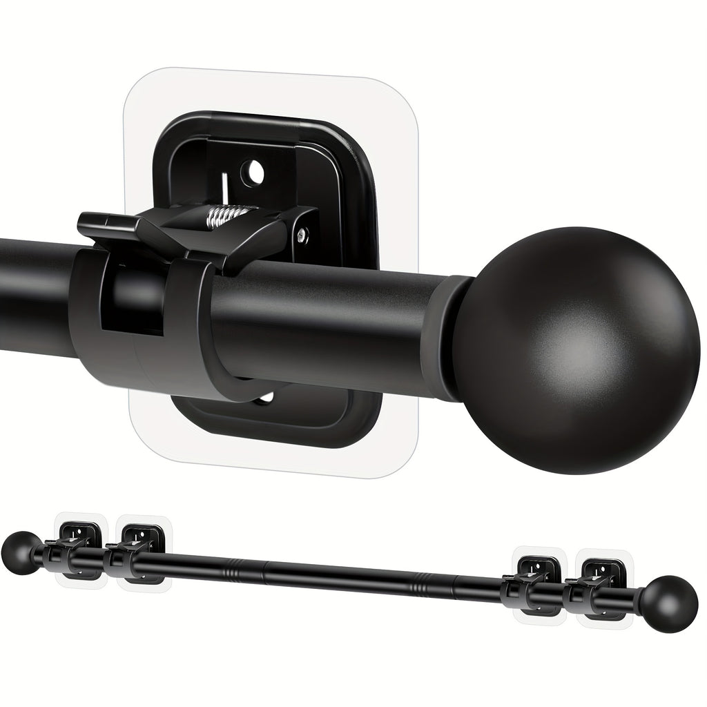 Curtain Rods No Drilling for Windows Set 32 to 48 Inch, 5/8 Inch Diameter Drapey Pole with No Drill Curtain Rod Brackets, Renter Friendly Cortineros Para Ventanas with Adhesive Holder Hook (Black)
