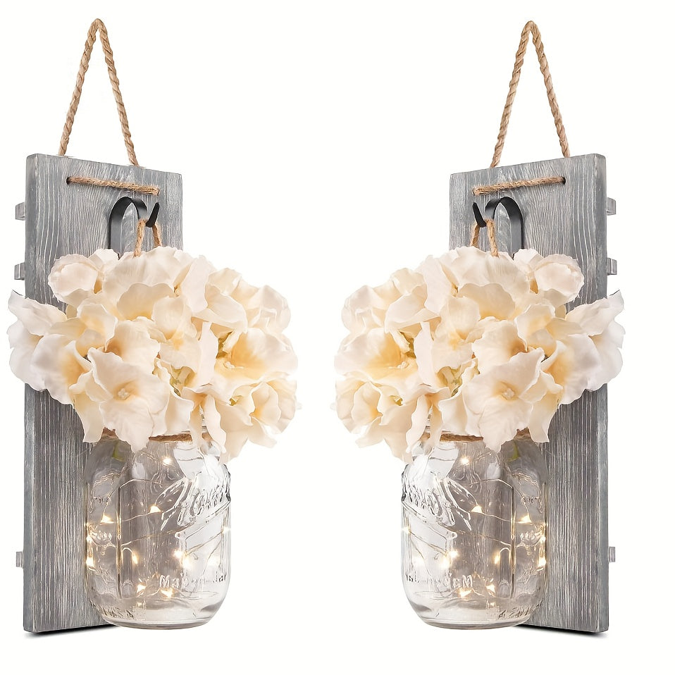 Decorative Mason Jar Wall Decor - Rustic Wall Sconces with Flowers - Farmhouse Home Decor (Set Of 2)