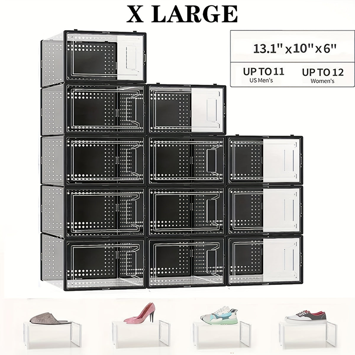 12 Pack XX Large Shoe Organizer Storage Boxes for Closet, Modular Space Saving Shoe Boxes Clear Plastic Stackable Sneaker Containers Display Case with Lids, Black02