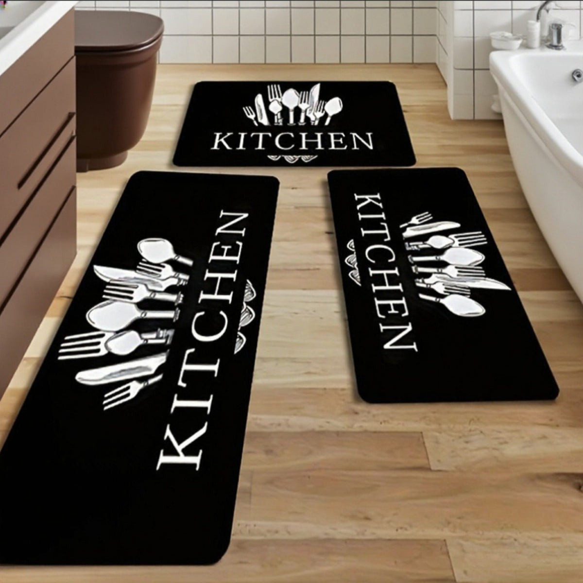 3pcs Kitchen Alphabet Theme Mat Set, Knife And Fork Pattern, Musthave for Home, Non Slip, Soft, Easy to Clean, Suitable for Bedrooms, Living And Dining Room, Kitchen, Bathroom, Gift for Friend And Family, Kitchen Accessories, Halloween Decorations