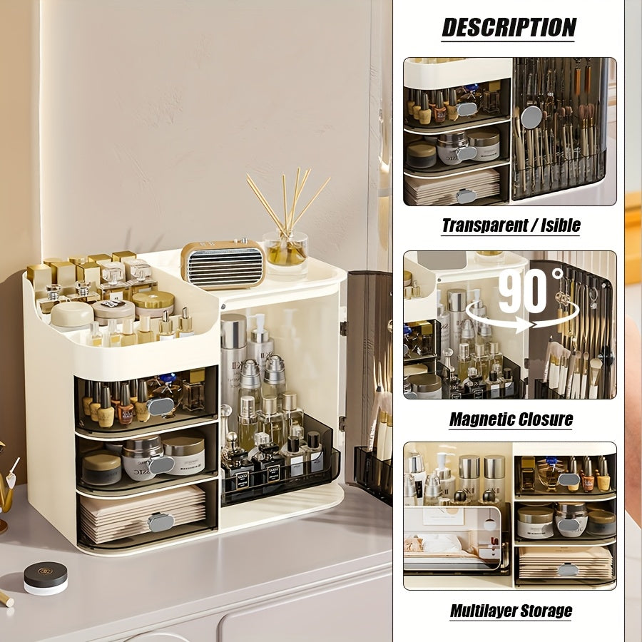 Makeup Organizer Cabinet with 3 Drawers, Top Storage and Transparent Side Door for Cosmetics, Skincare and Bathroom Vanity Organization in Black or Cream White