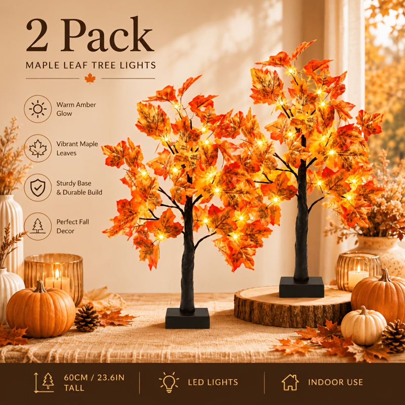 2pcs Thanksgiving & Autumn Table Lamps, 21.26 Inch Tree Lights Decorated with Fall Maple Leaves, Artificial Decor Trees with 24 Battery-Powered LEDs, Ideal for Indoor Spaces, Home Rooms, Balconies, Holiday Events And Halloween Parties