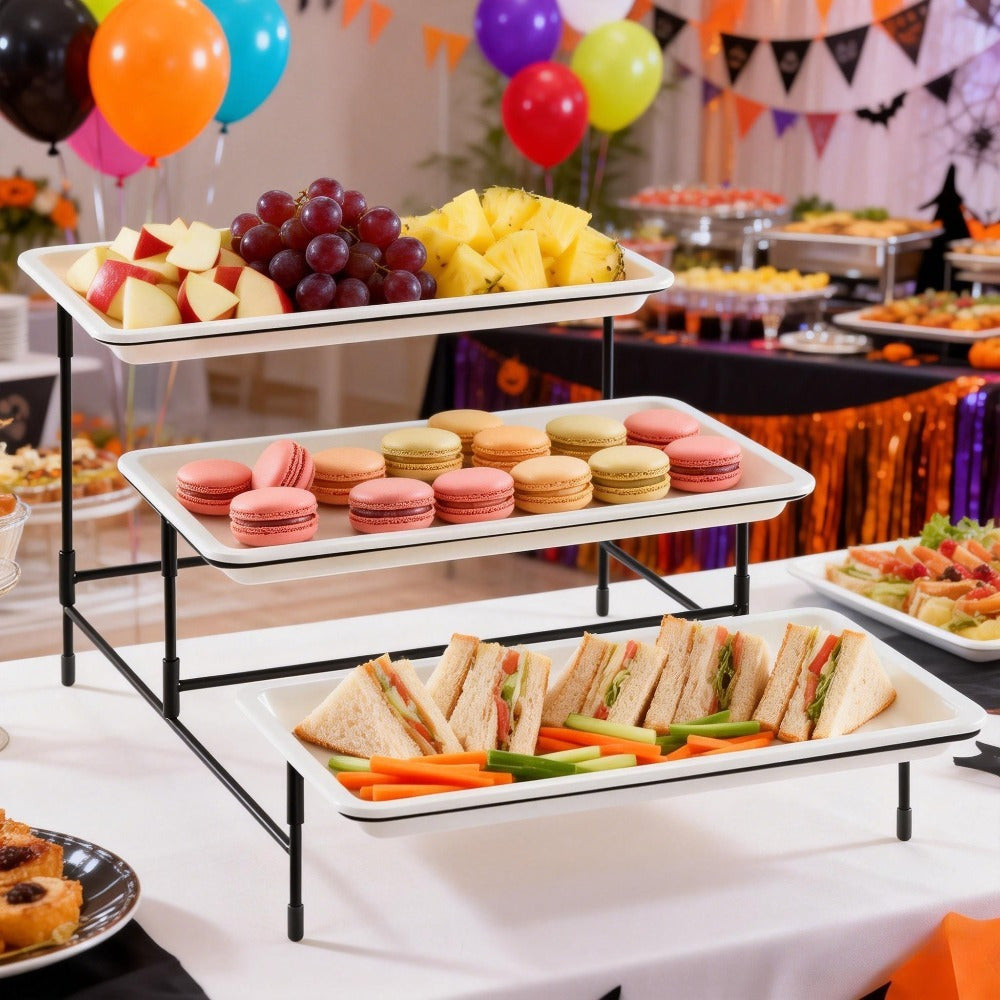 12" x 6.5" Platters for Serving Food, 3 Tier Plastic Serving Tray for Party Supplies, White Reusable Trays with Metal Display Stand for Veggie, Fruit, Dessert