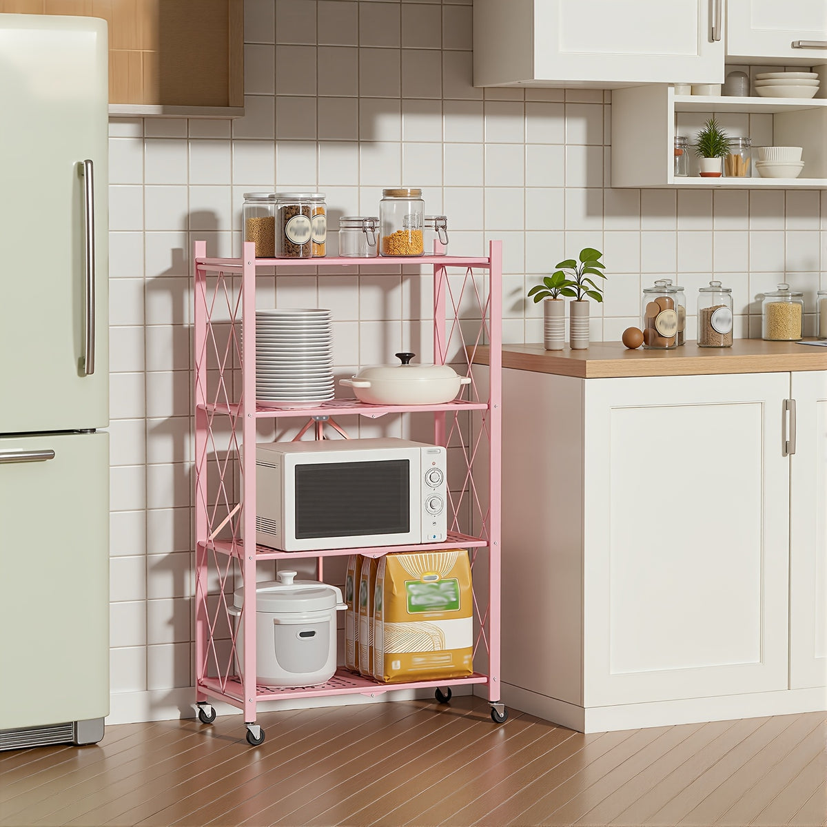 3/4/5-Tier Portable Multifunctional Storage Rack, Floor-Standing Storage Rack with Lockable Wheels, Space-Saving, No Assembly, Foldable Storage Shelf with Durable Carbon Steel Frame for Bedroom, Balcony, Garden, Standing Shelf