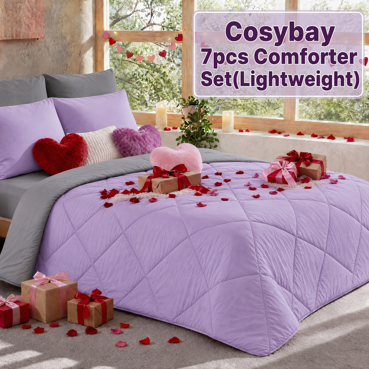 Cosybay 7 Piece Pinch Pleated Comforter Set Queen King Size, Luxury Soft Fluffy Bedding Includes 1 Comforter, 1 Extra Deep Pocket Fitted Sheet, 1 Flat Sheet, 4 Pillowcases & Pillow Covers, Perfect for Halloween Party, Holiday Celebrations & Birthday
