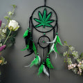 Leaf Embroidered Dream Catcher with Feather Accents, Bohemian Fabric Wall Hanging in Two Ring or Green Options for Bedroom, Bedside and Cabin Decor