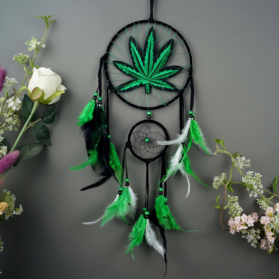 Bohemian Leaf Embroidered Dream Catcher with Feathers & Leaf Pot - Fabric Weed Gift for Women/Men, -Themed Tale Decor for Christmas, Bedside, or Cabin (Embroidery, Not Smokeable)