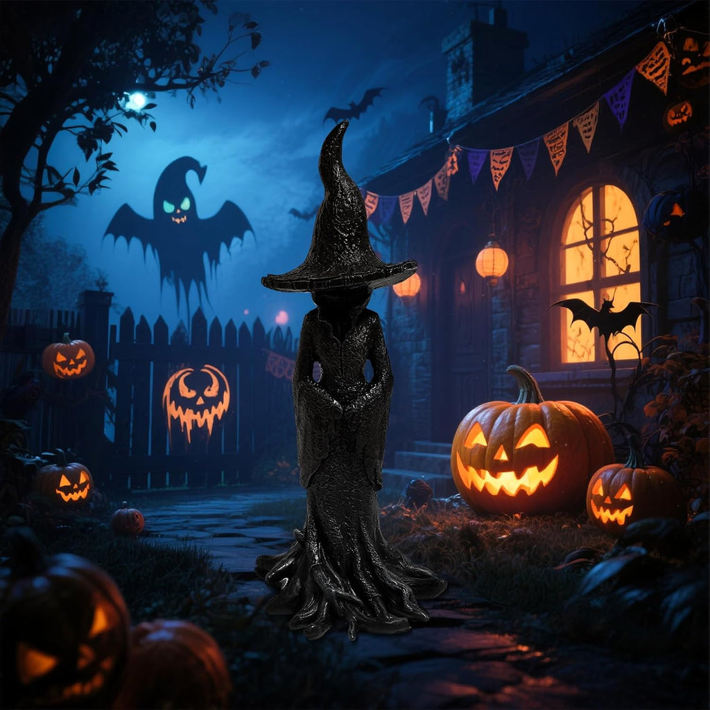 12 Inches 8 Inches Gothic Witch Statue - Hand-Painted Style Plastic Tabletop Decor with Black & Golden Gothic Design, Intricate Witch Figure with Pointed Hat & Expressive Eyes Year-Round Spooky Home Accent for Witch-Themed Parties & Gothic Home Decor
