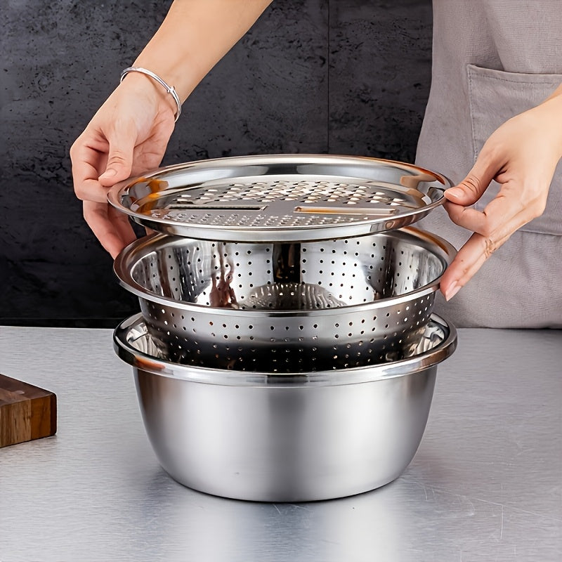 Set of 3 Stainless Steel Kitchen Tools Featuring a Built-In Grinder, Versatile Filter, And Mixing Bowl - Perfect for Washing And Slicing Fruits, Vegetables, And Cheese. Ensures Food Safety with a Drainage System