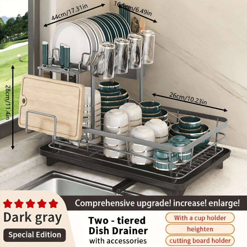 Double Tier Metal And Carbon Steel Cutlery Rack, Large And Durable, with Knife Fork And Cup Holders And Draining Board, Rustproof Two Tier, Space Saving for Kitchen Countertop, Make The Kitchen More Concise And Organized