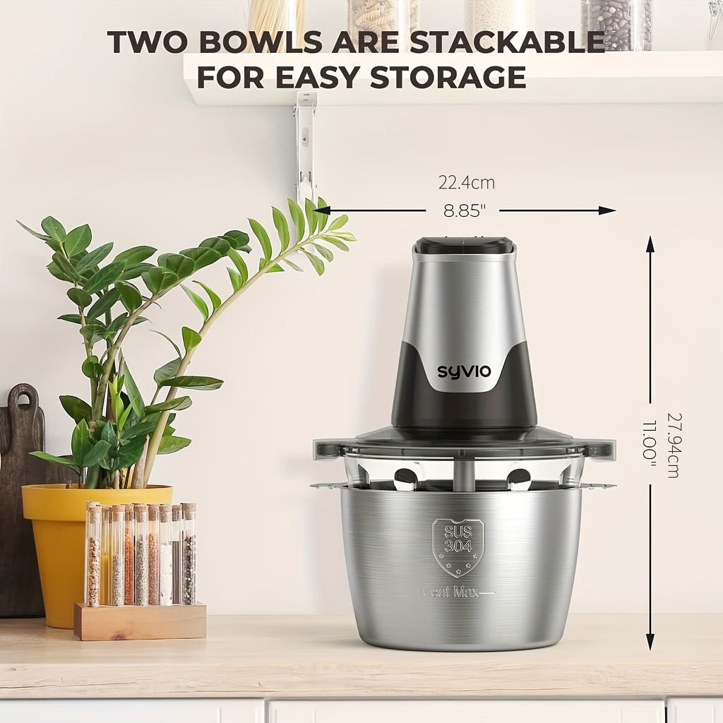 Syvio Food Processors with 2 Bowls, Meat Grinder 4 Bi-Level Blades, Mini Electric Food Chopper 450W, for Baby Food, Meat, Onion, Vegetable Chopper, 2 Speed, 8 Cup And 8 Cup, Christmas Gifts