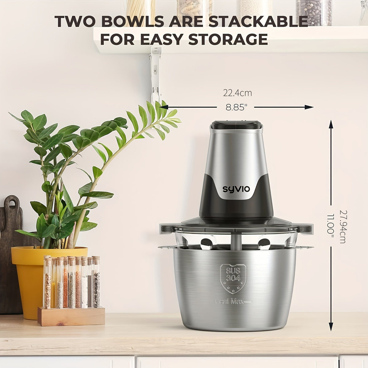 Syvio Food Processors with 2 Bowls, Meat Grinder 4 Bi-Level Blades, Mini Electric Food Chopper 450W, for Baby Food, Meat, Onion, Vegetable Chopper, 2 Speed, 8 Cup And 8 Cup, Christmas Gifts