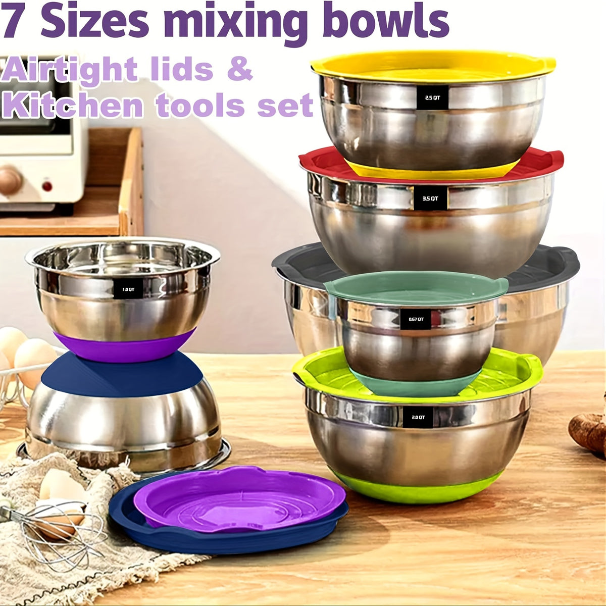 20pcs Mixing Bowls With Airtight Lids, Stainless Steel Metal Nesting Bowls, Non-Slip Colorful Silicone Bottom, Size 7, 3.5, 2.5, 2.0, 1.5, 1, 0.67QT, Great For Mixing, Baking, Serving