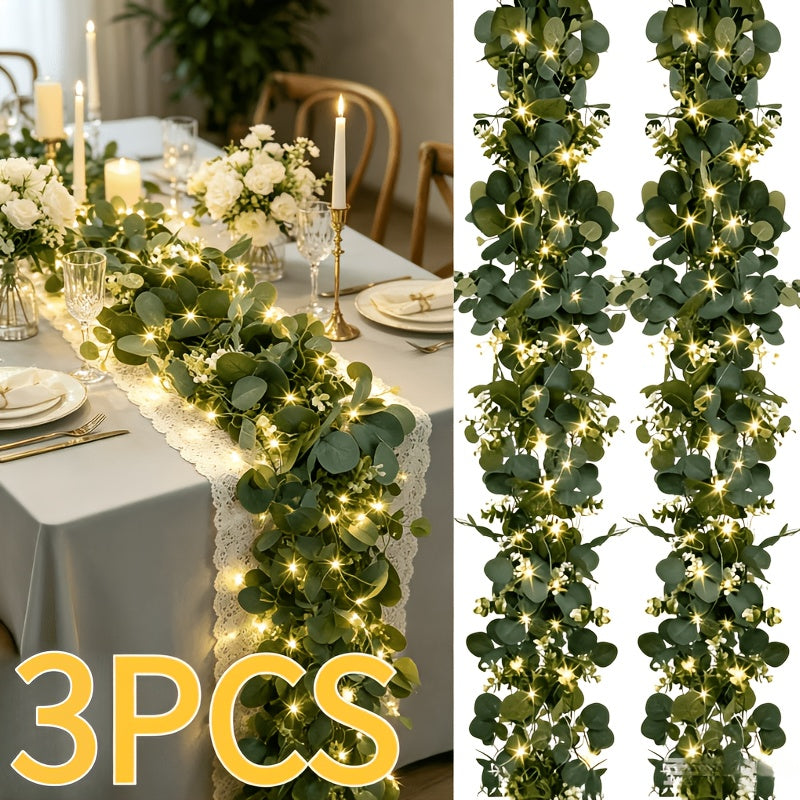 3 Packs of 6-Foot Lighted Eucalyptus Garlands| Green Floral Garland Decoration, Artificial Simulated Eucalyptus Leaves And Green Vines, Used for Table Cover, Wedding Centerpiece Decoration, Background, Warm Color, Plastic, Battery-Powered