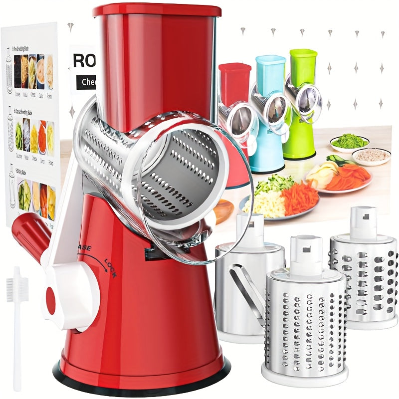 Rotary Cheese Planer Hand Crank Cheese Shredder Fresh Cheese, Vegetable Nuts, Non-Slip Suction Base, Free Cleaning Brush Three Blades
