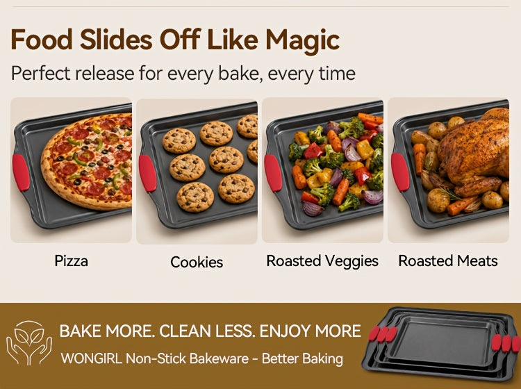 3pcs Nonstick Carbon Steel Oven Baking Pans Set With Detachable Silicone Handles, Premium Non-Stick Steel Bakeware Set, Commercial Grade Restaurant Quality Rimmed Sheets, Easy-Clean Baking Trays For Cookies, Pizza, Cake & Home Kitchen Use
