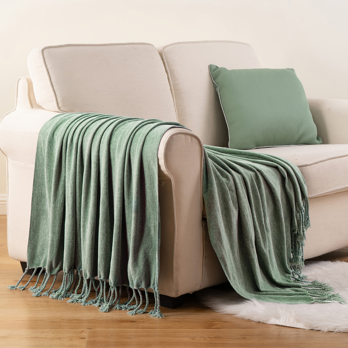 Decorative Fringe Velvety Throw Blanket for Sofa Home Decor, Chenille Throw Blanket for Couch, 50"x60"