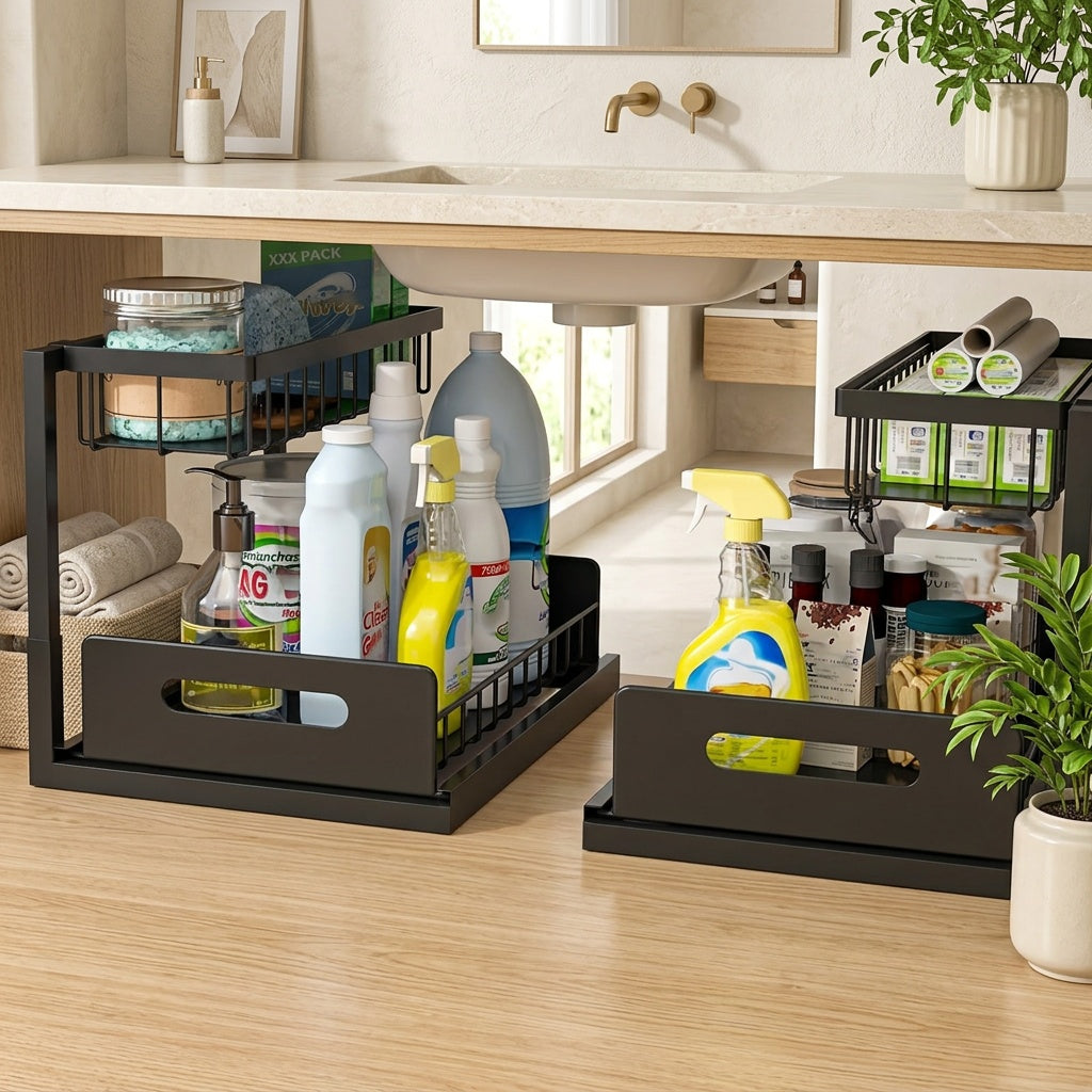 1pc/2pcs Kitchen Racks for Sink Organization And Storage, Double-layer Large-capacity Storage Sink Organization And Storage Racks, Slide-out Cabinet Organization Racks, Kitchen Metal Drawer Storage Racks