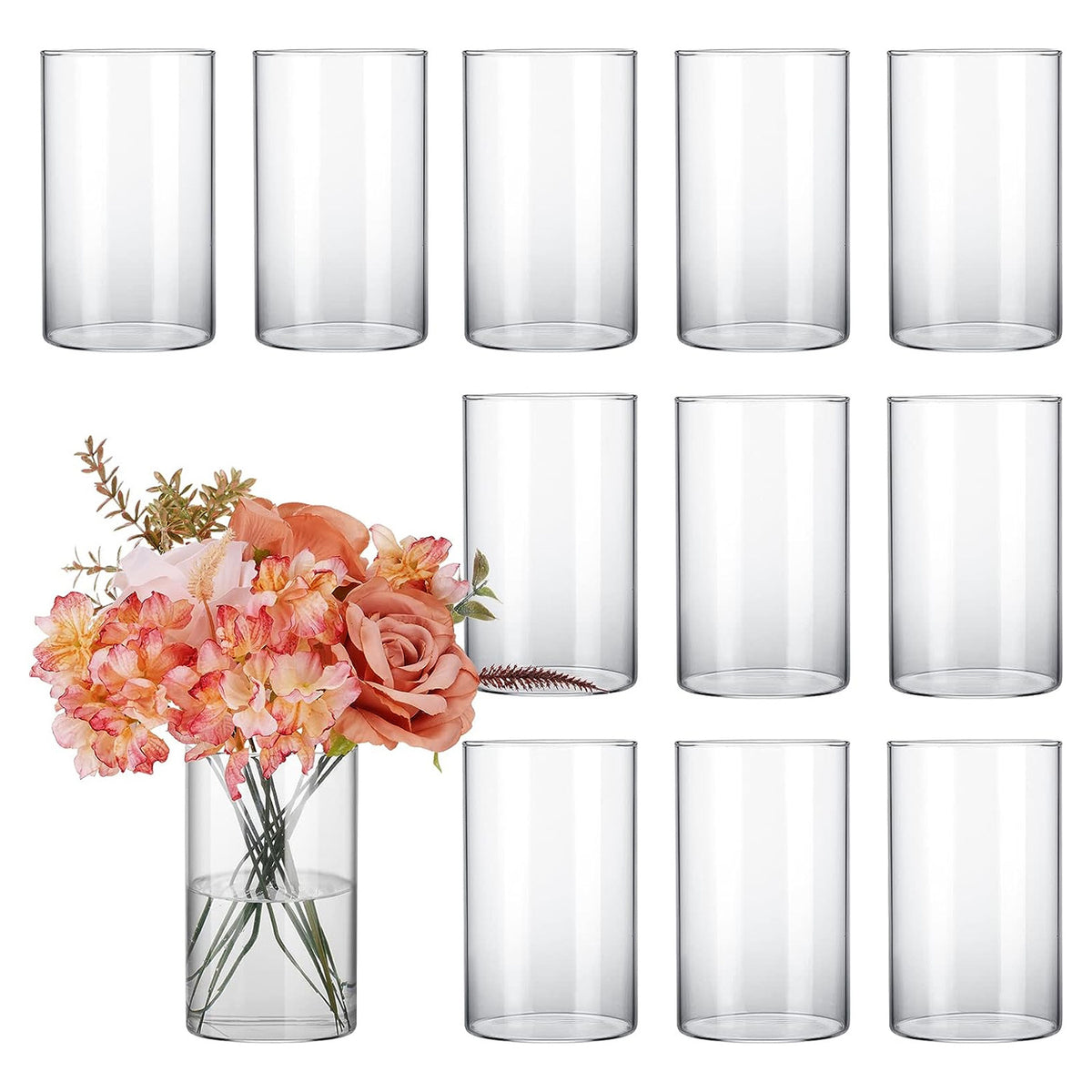 Whonline 12 Pcs Glass Cylinder Vases for Centerpieces, Flower Vases Wedding Decorations, 6 Inch Tall Glass Hurricane Candle Holder for Table Shelf, Floral Vase Bulk for Home Decor