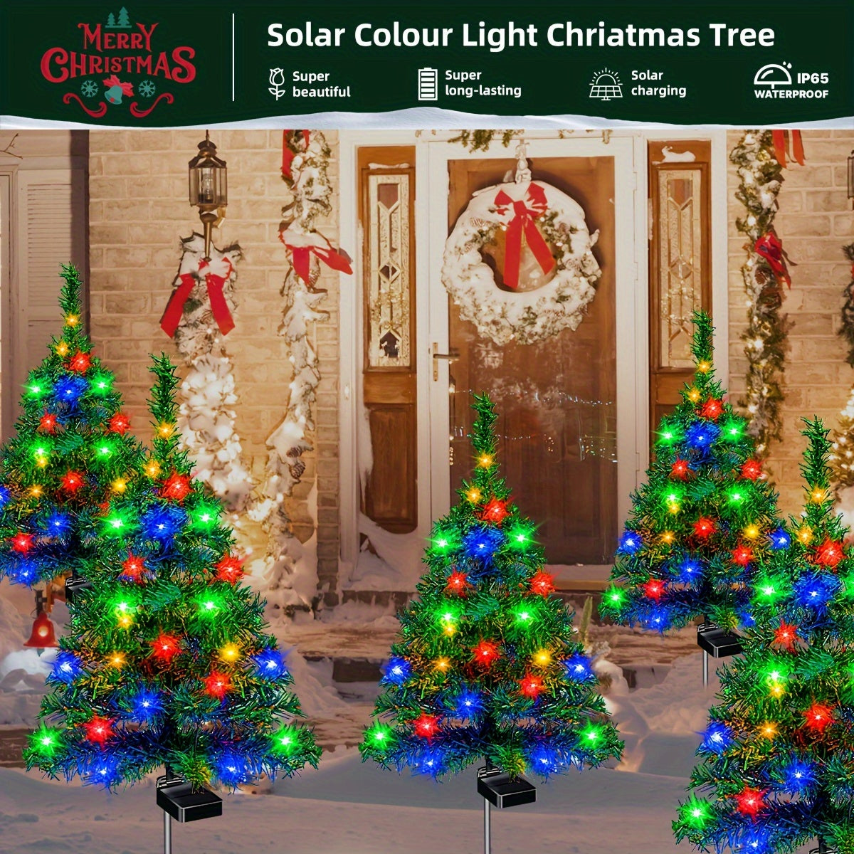 Solar Christmas Tree Path Lights, 4-Pack Green Tree-Shaped Garden Decorations with Solar Panels and Ground Stakes for Front Yard and Walkway Holiday Decor
