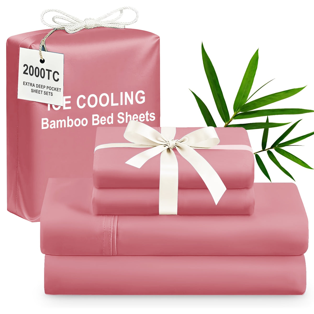 4pcs Bamboo Cooling Bedding - Extra Deep Pocket Breathable And Cooling - Suitable for Hot Sleepers And Sweats, Children Pillowcases, Flat Sheet And Fitted Sheet - A Perfect Gift for Family, Queen And King Sizes