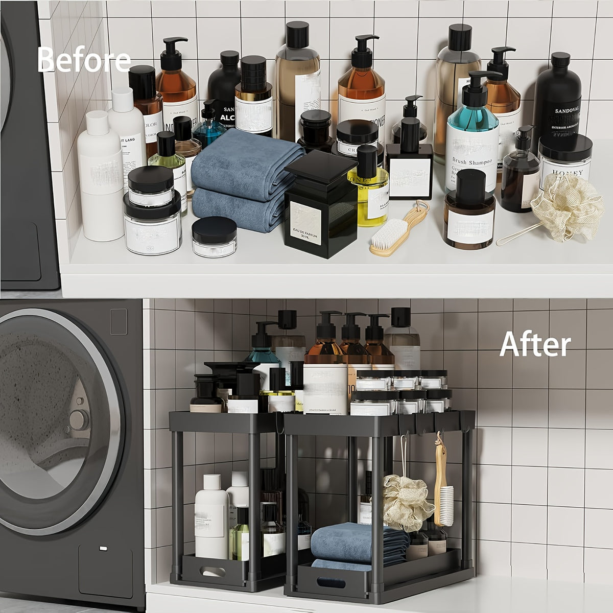 Under Sink Organizer 2 Pack with 8 Hooks, Two-Tier Cabinet Storage Racks for Kitchen and Bathroom, Pull-Out or Fixed Basket Options