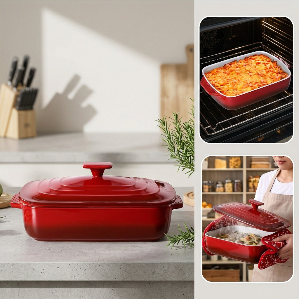 Large Ceramic Casserole Dish with Lid, 4.0 Quart Covered Rectangular Stoneware Baking Dishes for Oven, Deep 9x13 Inch Lasagna Pans for Baking and Serving, Perfect for mothers day gifts, Red