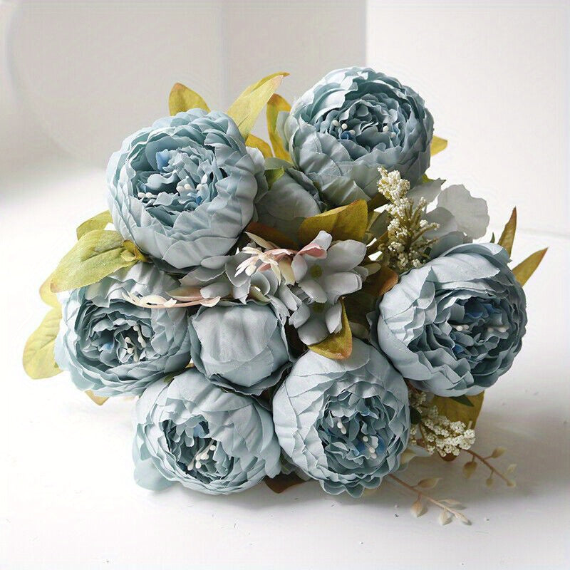 13-Head Artificial Peony Bouquet with Realistic Blooms & Lush Green Foliage - UV-Resistant Plastic Flowers with Sturdy Stems, Multi-Color Options (Pink, Red, White, Blue, Purple, Yellow, Lavender, Peach, ) for Weddings, Home, Garden, Office Decor - Indoor