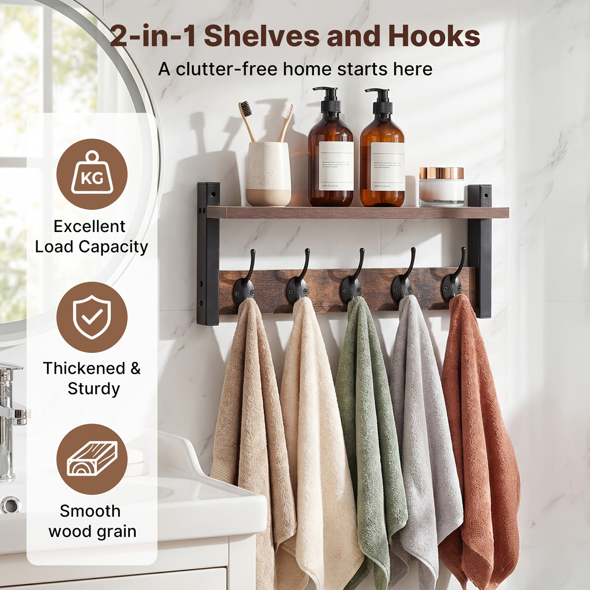 Wooden Wall-Mounted Shelf - Coat And Key Organizer with Floating Shelf And 5 Hooks, Key Rack for Bedroom And Entryway Storage, Towel Organizer for Bathroom, Suitable for Kitchen, Living Room, Bedroom, Bathroom