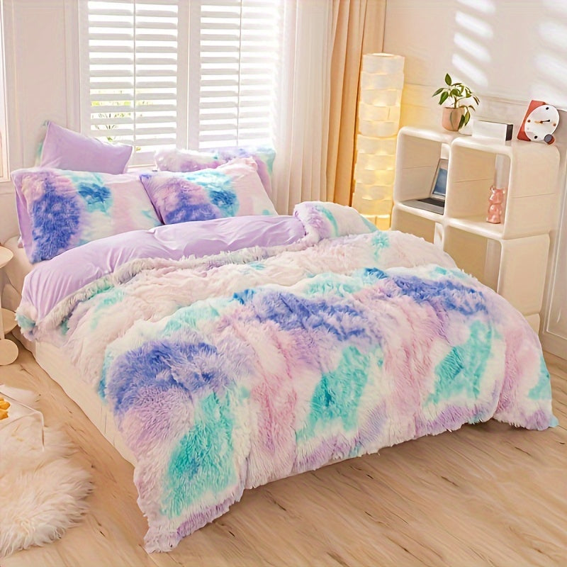 Plush Duvet Cover Set with 2 Pillowcases, 3-Piece Zipper Closure Bedding in Solid and Tie Dye Colors for Bedrooms, Guest Rooms and Dorms, No Insert
