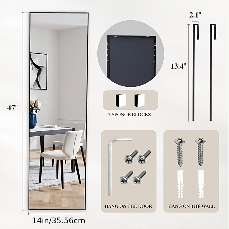 Full Length Mirror Over The Door/Wall Mounted Vertical Hanging Mirror with Lightweight Aluminum Alloy Frame 47x14, Full Body Dressing Mirror Suitable for Bedroom Living Room Entryway Install Space-Saving Vertical Mirror