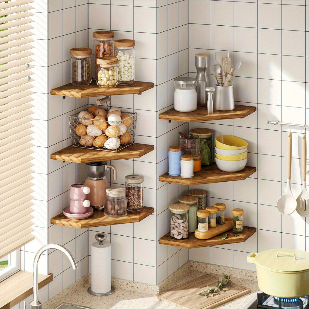 Wooden Corner Wall Shelves, Country Style Floating Storage in Brown, Black or White with 2, 4 or 6 Piece Sets for Small Space Organization