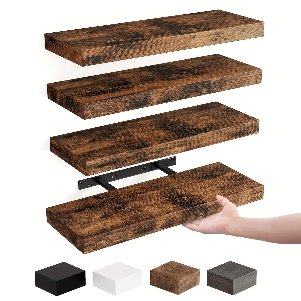 TOMNK 4/8pcs 15.8in Floating Shelves For Wall, Wall Mounted Rustic Wood Shelves For Bathroom, Bedroom, Living Room, Kitchen, Hanging Shelf For Books/Storage/Room Decor, With 22lbs Capacity, Black/Brown/White/Gray