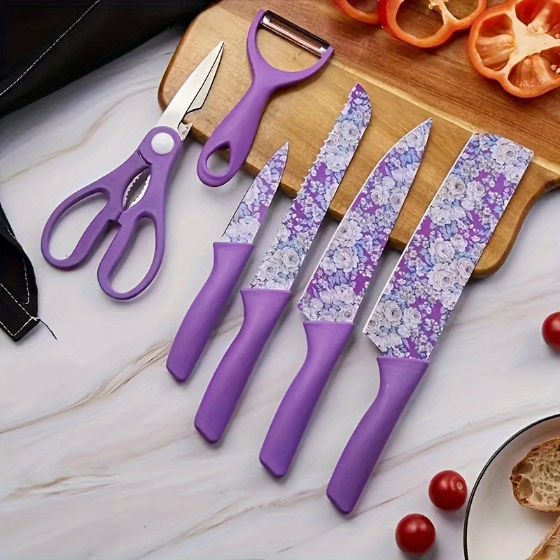 6pcs Jasmine Flower Pattern Kitchen Knife Set Colorful Printing, High Carbon Stainless Steel Blades, Ergonomic Handles, Sharp Meat Cleaver, Serrated Bread Knife, Precise Scissors, Peeler - Perfect Cooking Gifts for Women And Men, Kitchen Essentials